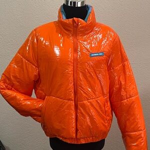 Members Only Orange Puffer Jacket Glossy Insulated